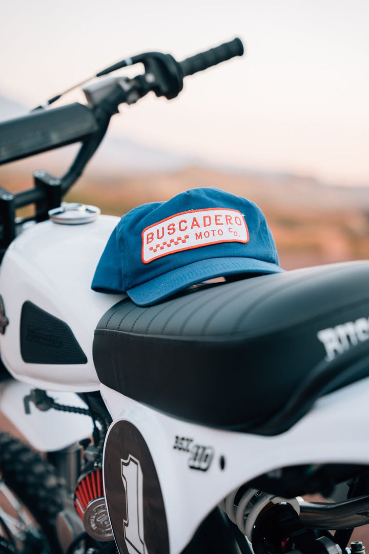 ‘Checker Moto’ Unstructured 5 panel Hat - Royal Blue - Buscadero Motorcycles