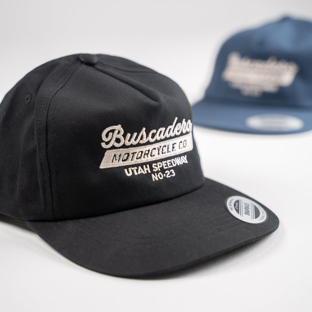 ‘Speedway’ Unstructured 5 panel Hat - Black - Buscadero Motorcycles