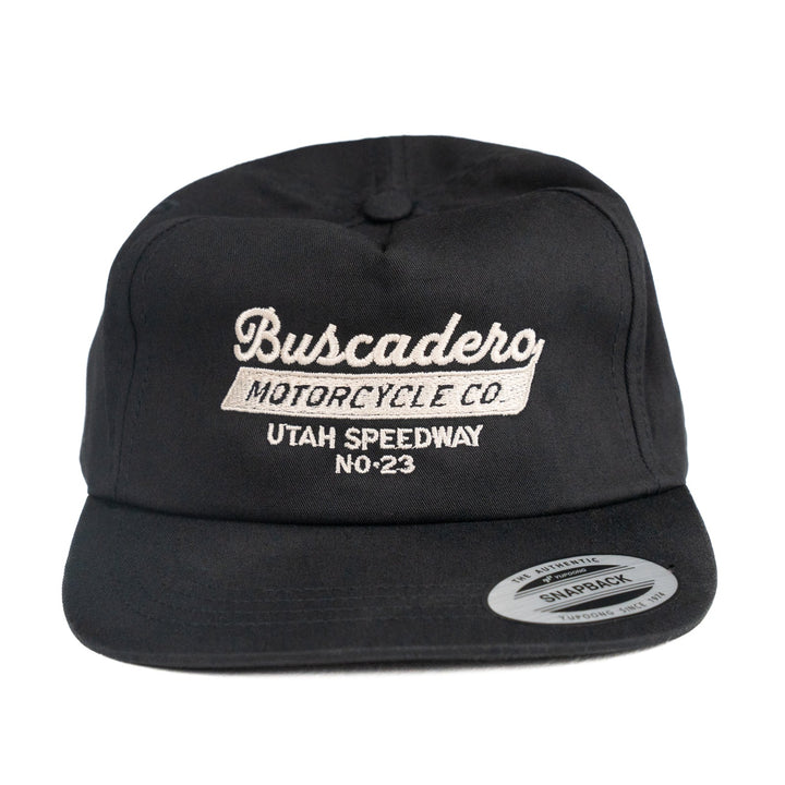 ‘Speedway’ Unstructured 5 panel Hat - Black - Buscadero Motorcycles