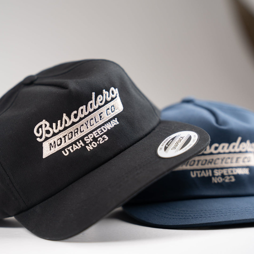 ‘Speedway’ Unstructured 5 panel Hat - Black - Buscadero Motorcycles