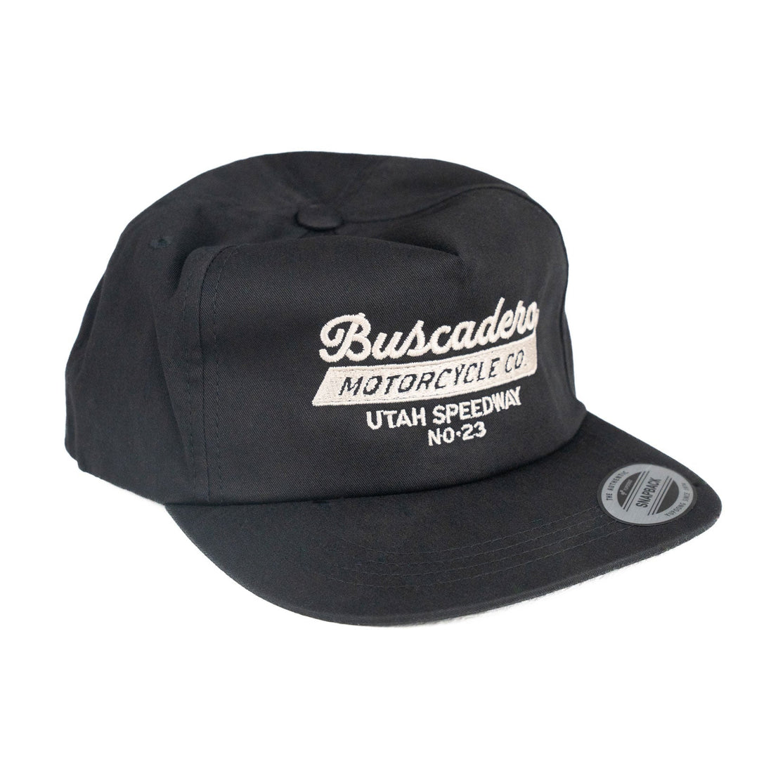 ‘Speedway’ Unstructured 5 panel Hat - Black - Buscadero Motorcycles