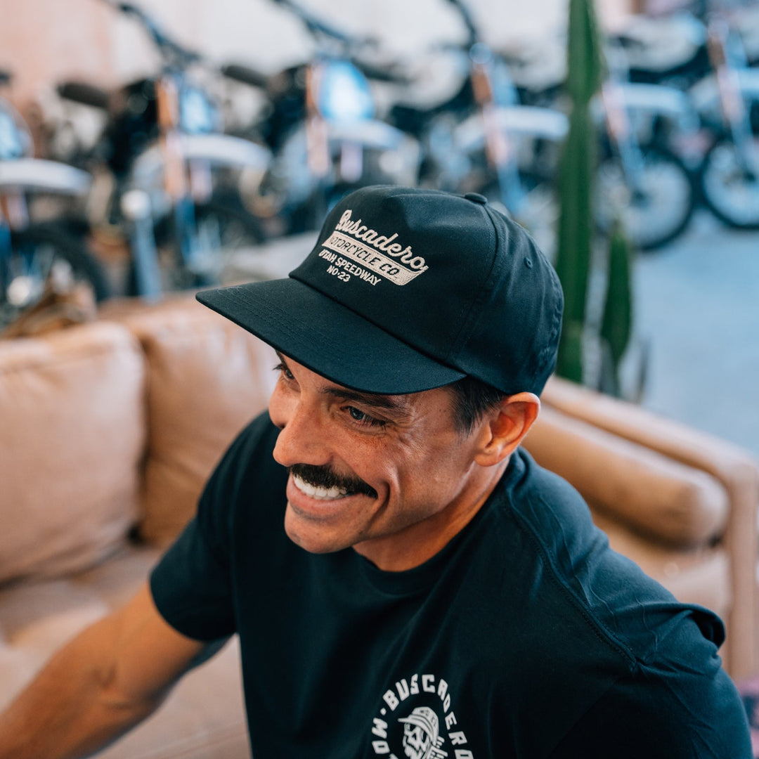 ‘Speedway’ Unstructured 5 panel Hat - Black - Buscadero Motorcycles