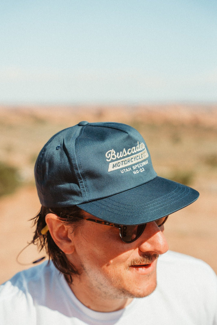 ‘Speedway’ Unstructured 5 panel Hat - Navy - Buscadero Motorcycles